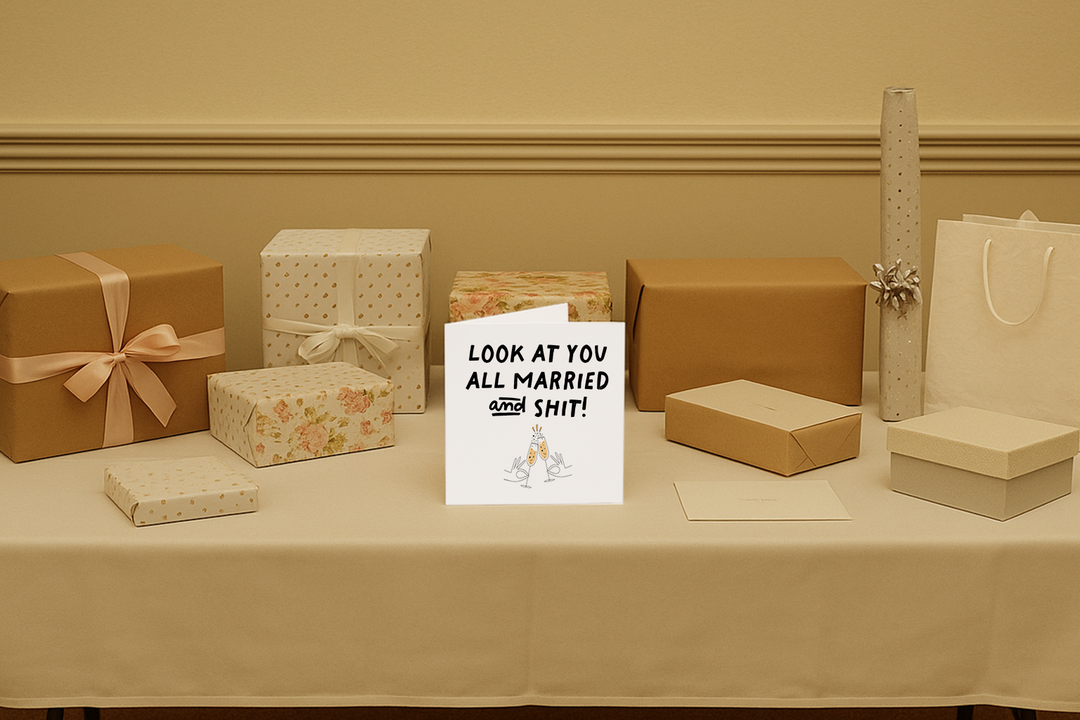 Standing out from the drab wedding gifts is this funny wedding card that reads ‘Look at you all married and shit!’ displayed on a gift table with wrapped presents in neutral tones – Sweary Card Lady UK rude wedding card.