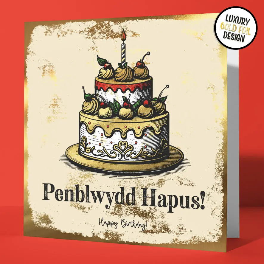 Bilingual Penblwydd Hapus - Happy Birthday Welsh Card Gold Foil Sweary Card Lady