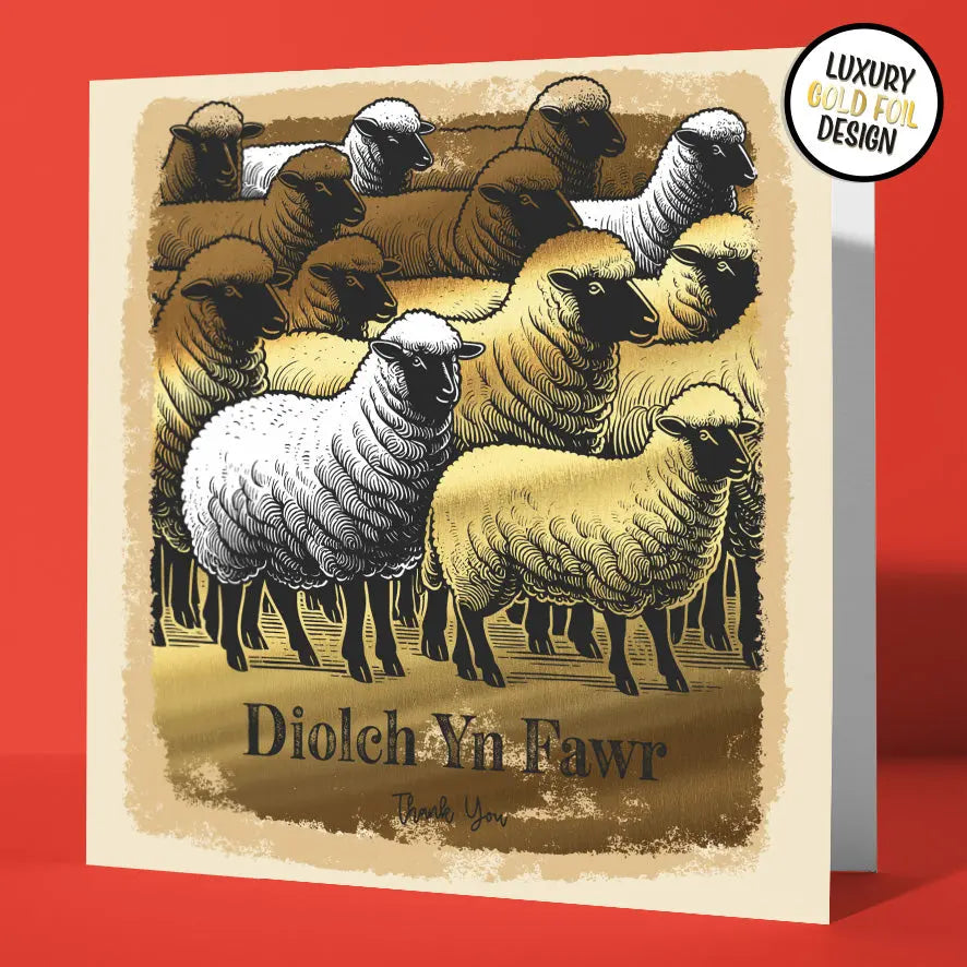 Bilingual Welsh Thank You - Diolch Yn Fawr Gold Foil Card Sheep Design Sweary Card Lady