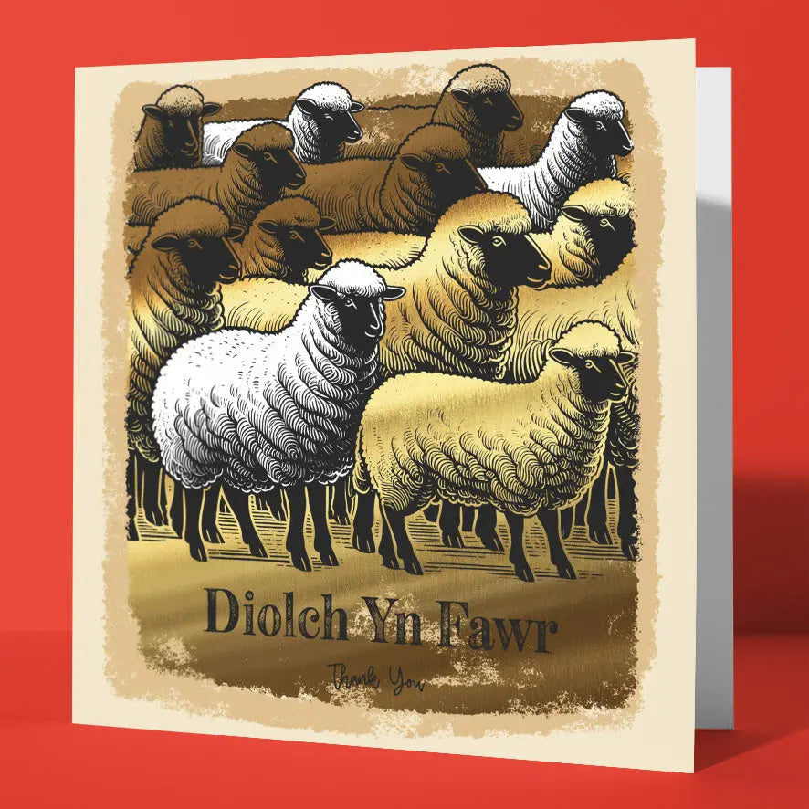 Bilingual Welsh Thank You - Diolch Yn Fawr Gold Foil Card Sheep Design Sweary Card Lady