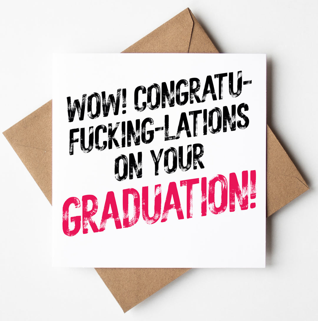 Introducing the "Congrats On Your Graduation! Harlem Card," a striking greeting card featuring black and pink text with the cheeky message, "Wow! Congratu-fuckin-lations on your graduation!" Accompanied by a plain brown envelope, this UK-printed card is the ideal choice for a stylish graduation celebration.