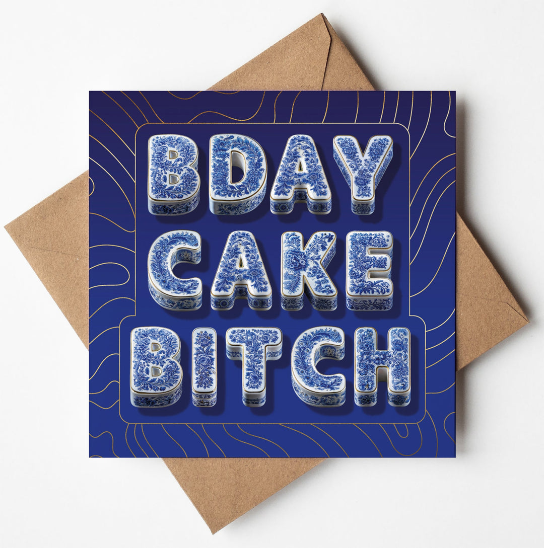 Birthday Card for Sister Funny Rude Cake Chinoiserie Gold Foil Sweary Card Lady