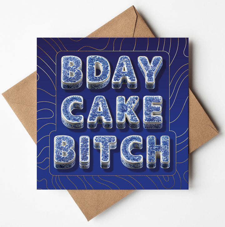 Birthday Card for Sister Funny Rude Cake Chinoiserie Gold Foil Sweary Card Lady