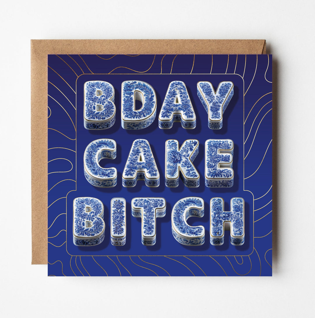 Birthday Card for Sister Funny Rude Cake Chinoiserie Gold Foil Sweary Card Lady