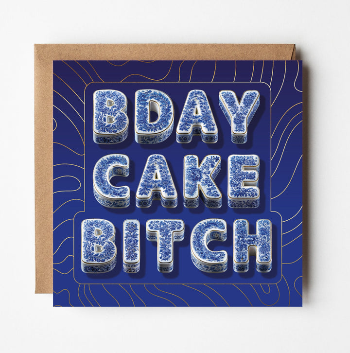 Birthday Card for Sister Funny Rude Cake Chinoiserie Gold Foil Sweary Card Lady