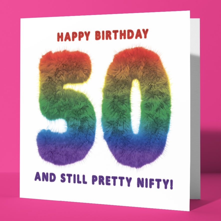 Celebrate a milestone with the "Happy Birthday 50 And Still Pretty Nifty! Milestone Birthday Card"—featuring a rainbow-colored, fluffy "50", playful birthday wishes, and a fun pink background. The ideal card for turning 50!.