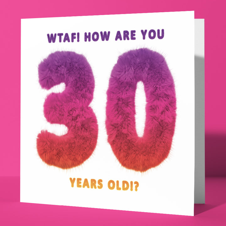 30th birthday card with fluffy numbers '30' and text on a white background