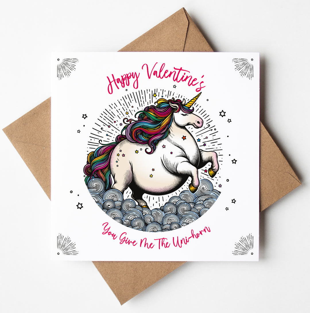 The "Happy Valentine's You Give Me The Uni-horn" card features a colorful unicorn among stars and reads, "Happy Valentine's" on top and "You Give Me The Unicorn" at the bottom. It's a playful, charming square card that comes with a brown envelope.