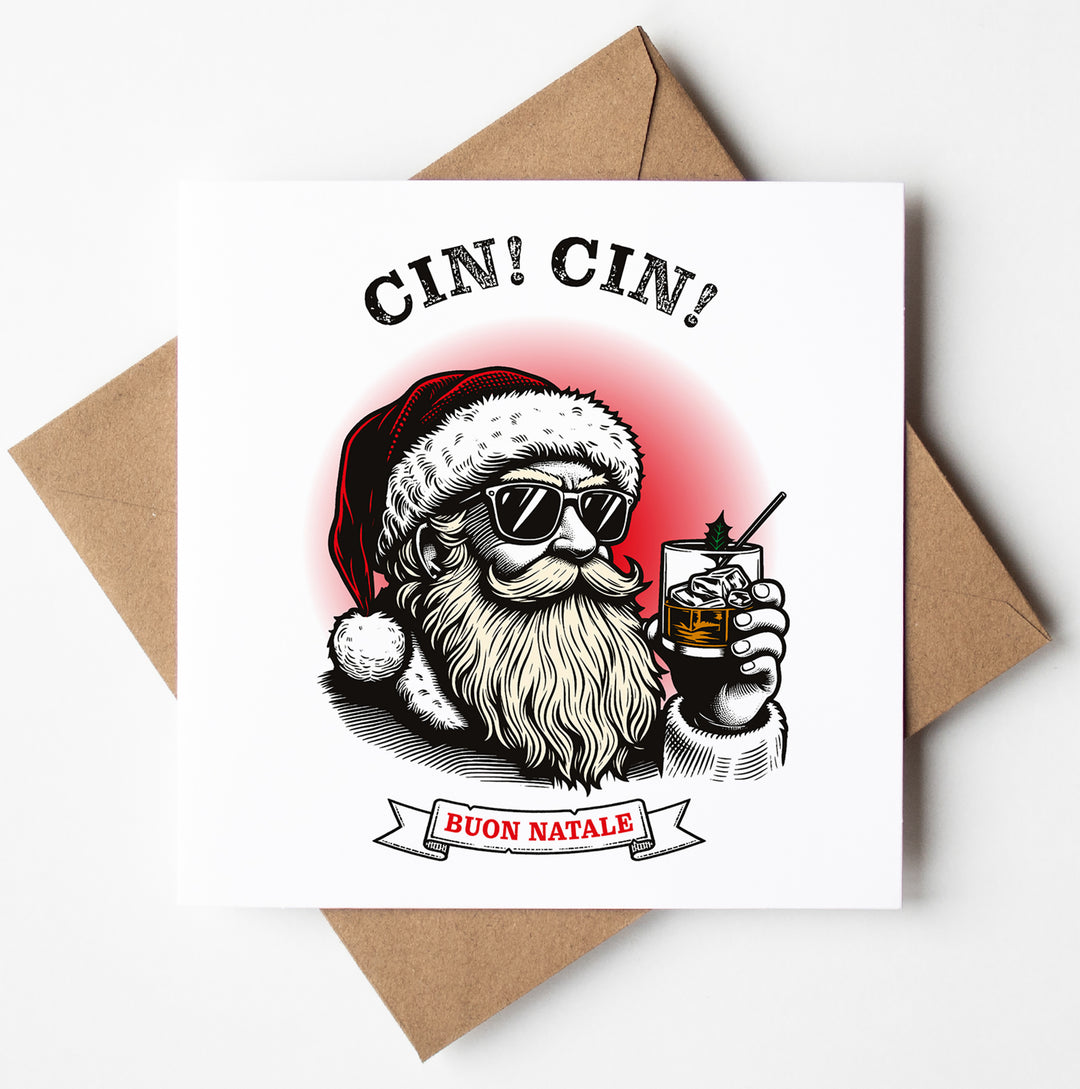 This charming Italian Christmas card, titled "Cin! Cin! Buon Natale," features an illustration of a bearded man wearing a Santa hat and sunglasses while holding a drink. The words "CIN! CIN!" appear above him, with the phrase "BUON NATALE" on a banner below. Perfect for celebrating the festivities, this card is accompanied by worldwide shipping and comes with a brown envelope as its background.