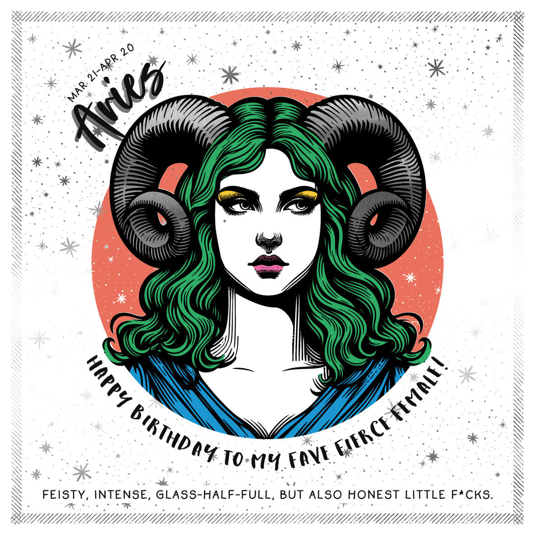 A square card design featuring an illustrated woman with large silver ram horns, green hair, and a blue garment, set against a white silver foil starry background with a coral circle behind her. Text includes 'Aries', 'Mar 21 - Apr 20', and 'Happy Birthday to my fave Fierce Female!'.