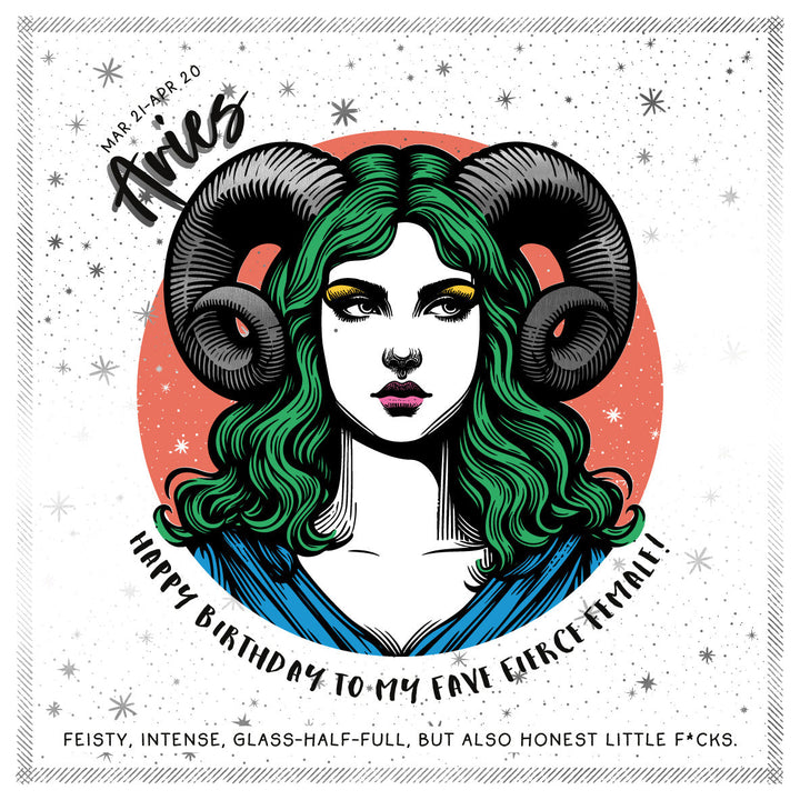 A square card design featuring an illustrated woman with large silver ram horns, green hair, and a blue garment, set against a white silver foil starry background with a coral circle behind her. Text includes 'Aries', 'Mar 21 - Apr 20', and 'Happy Birthday to my fave Fierce Female!'.