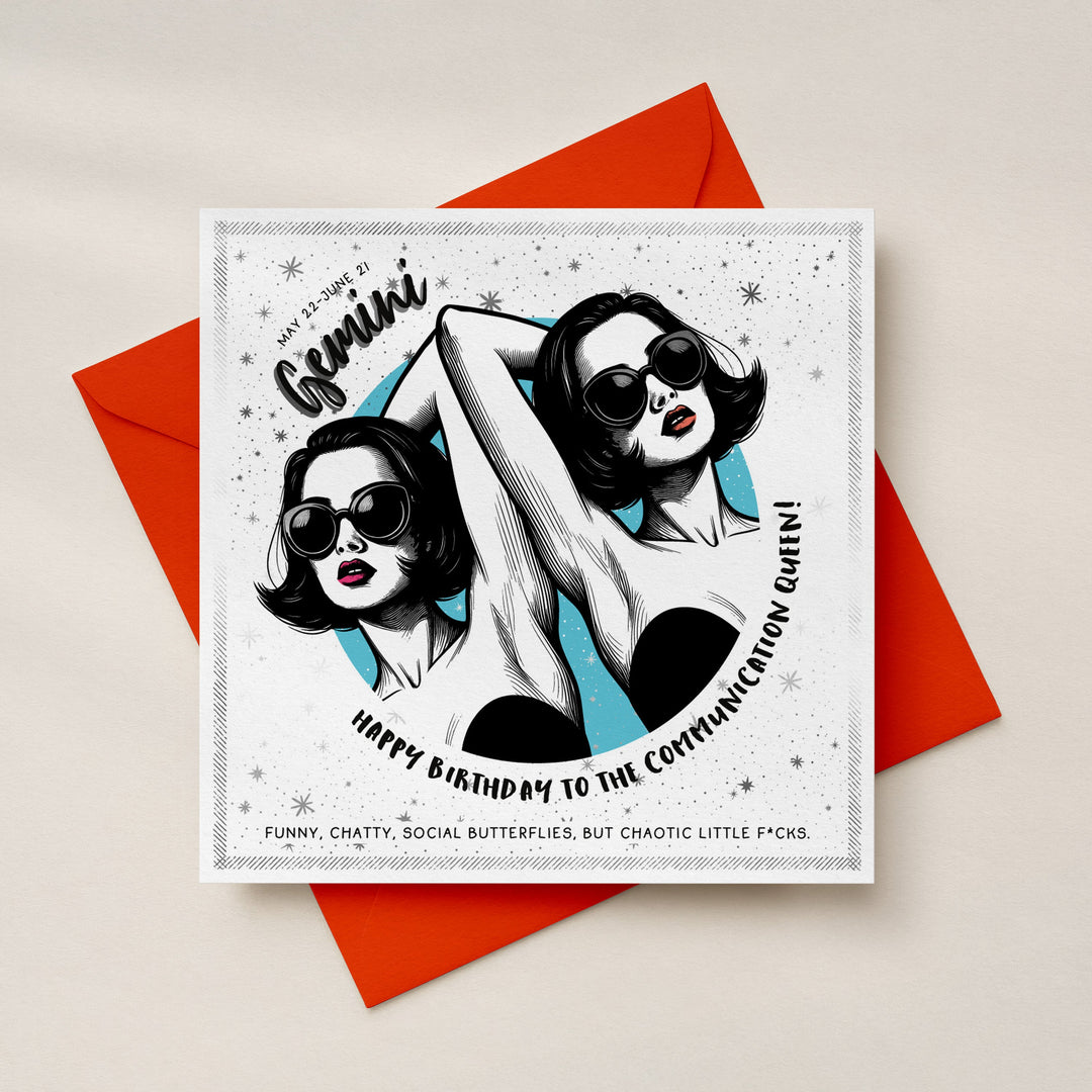 Gemini Birthday Card for Women, Funny Star Sign Card, Rude Zodiac Astrology Birthday Card with Luxe Silver Foil Sweary Card Lady