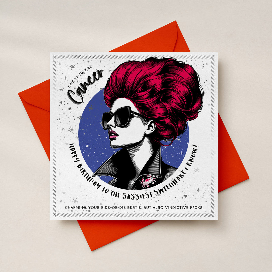 Cancer Birthday Card for Women, Funny Zodiac Birthday Card, Rude Star Sign Astrology Card with Luxe Silver Foil Detailing Sweary Card Lady