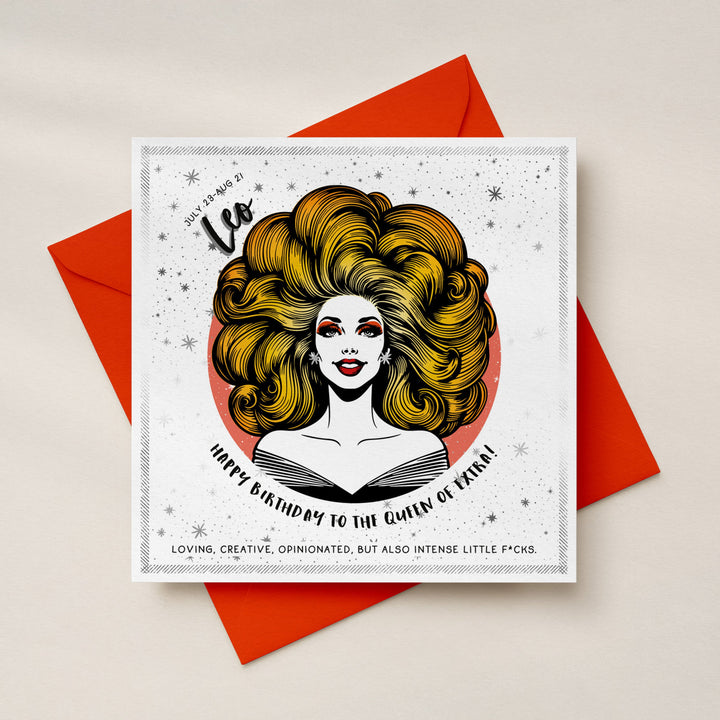 Leo Birthday Card for Women, Funny Zodiac Queen Card, Rude Star Sign Birthday Card with Luxe Silver Foil Detailing Sweary Card Lady