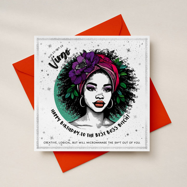 Virgo Birthday Card for Women, Funny Boss Bitch Zodiac Card, Rude Astrology Star Sign Card with Luxe Silver Foil Sweary Card Lady