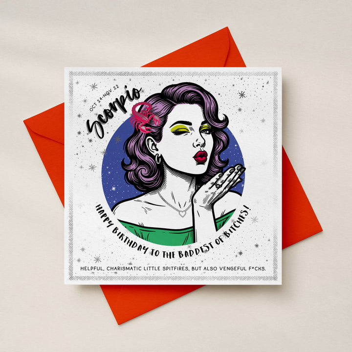 Scorpio Birthday Card for Women, Funny Rude Zodiac Card, Astrology Star Sign Birthday Card with Luxe Silver Foil Detailing Sweary Card Lady
