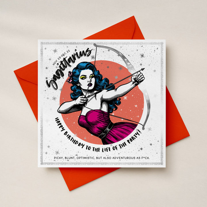 Sagittarius Birthday Card for Women, Funny Rude Zodiac Card, Star Sign Astrology Birthday Card with Luxe Silver Foil Sweary Card Lady