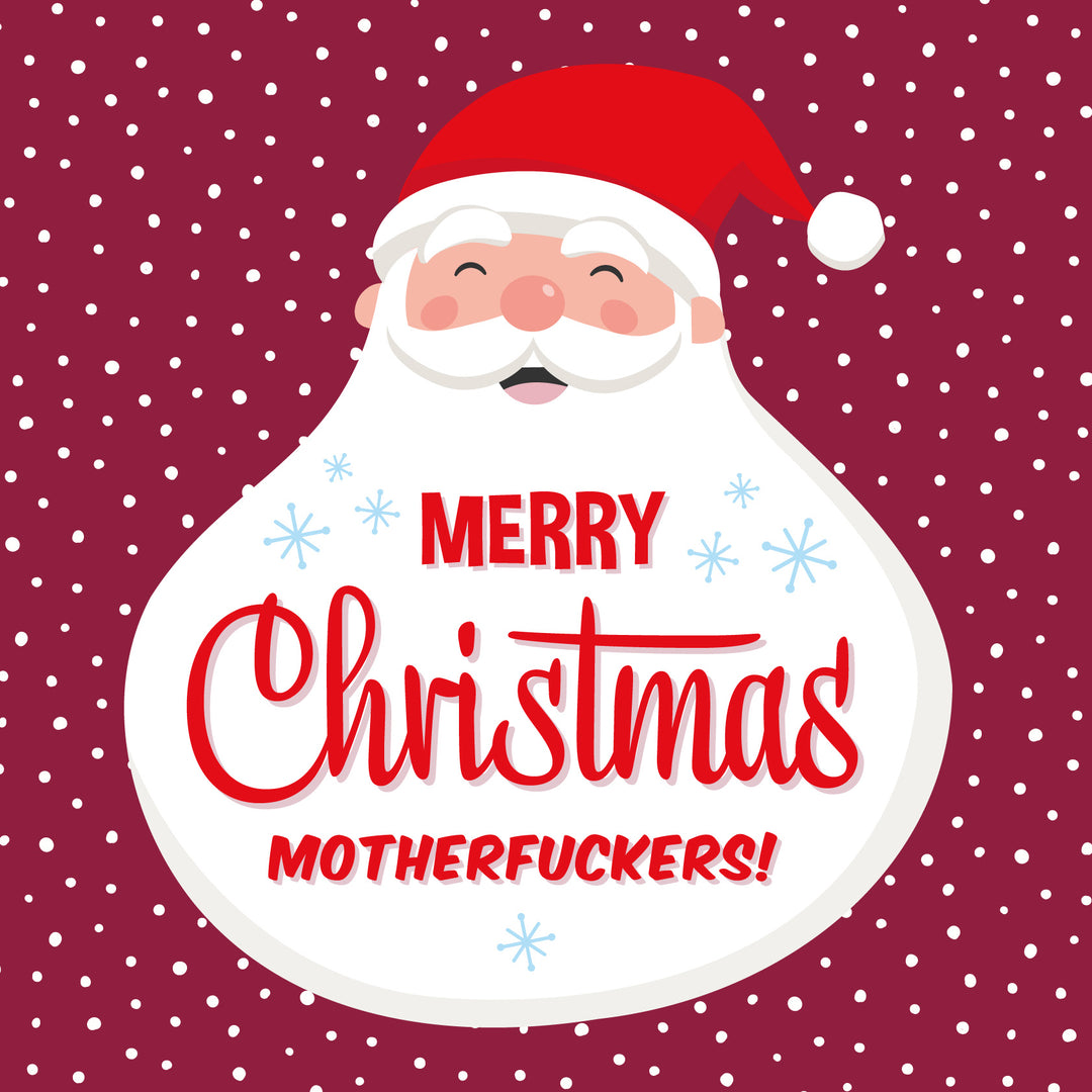 Send holiday cheers with the SALE! Merry Christmas Motherfuckers! Sweary Santa Card—featuring Santa in a red hat, smiling on a red background with white dots, bold text, and light blue snowflakes. A funny adult Christmas card for rude vibes!.