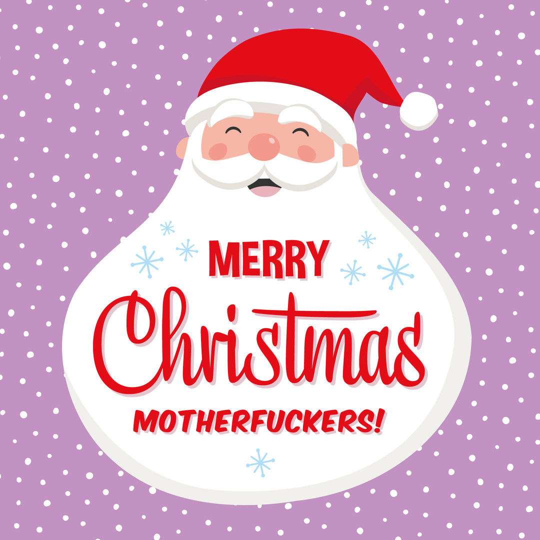 SALE! Merry Christmas Motherfuckers! Sweary Santa Card features a cartoon Santa on a purple snowy background, red "Merry Christmas Motherfuckers!" on his beard, and blue snowflakes—a funny, bold xmas card for adult humor lovers.
