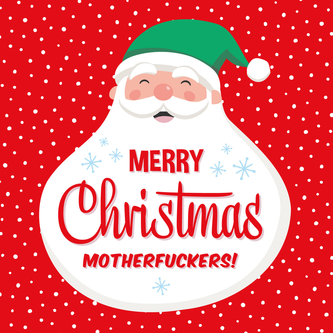 The SALE! Merry Christmas Motherfuckers! Sweary Santa Card features a cartoon Santa in a green hat, smiling on a red, white-dotted background—his beard shouts the bold message with blue snowflakes for an adult Christmas card laugh.