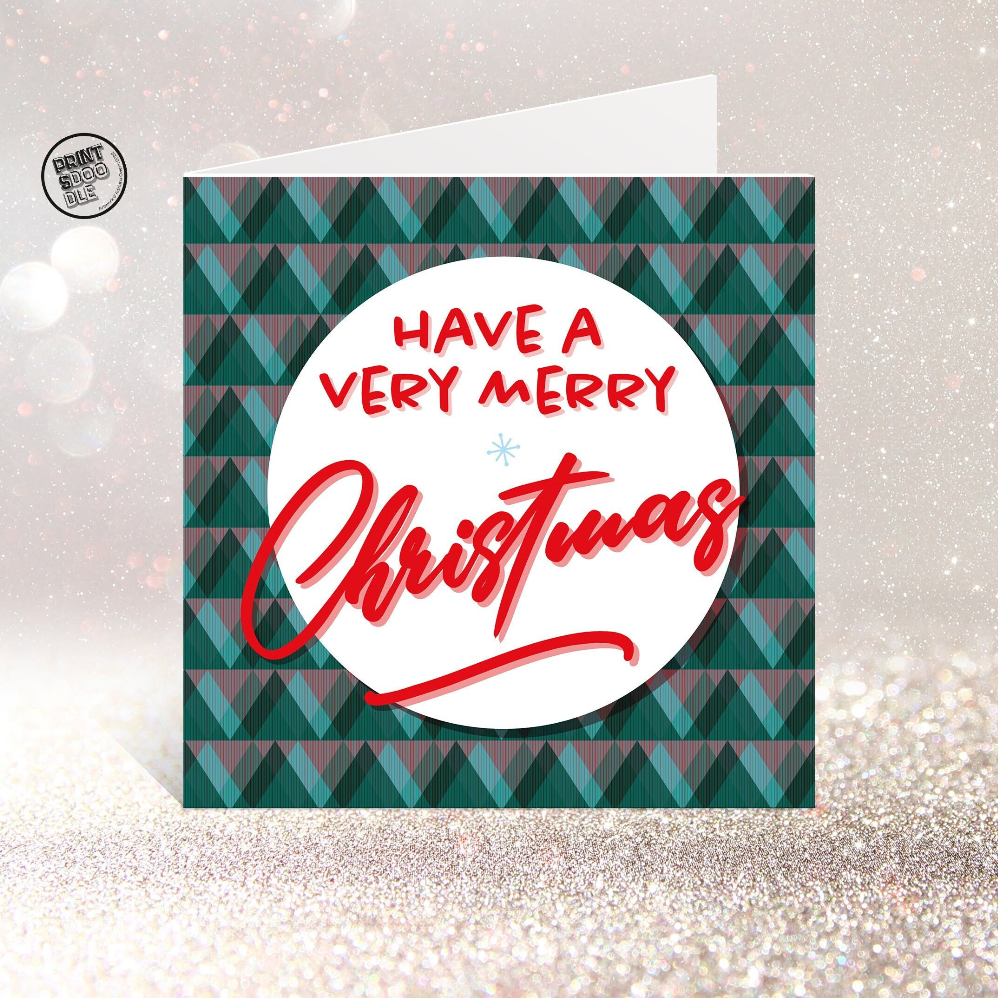 The SALE! Retro Tree Pattern Very Merry Christmas Card features a geometric green and teal tree design with "Have a Very Merry Christmas" in red and white on a sparkling background.