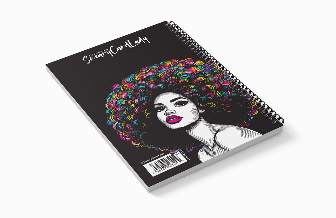 Notebook with a colorful illustration of a woman's head on the back cover, featuring the brand 'Sweary Card Lady'.