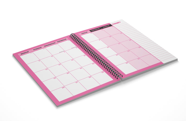 Pink and white calendar pad with monthly grid on a white background