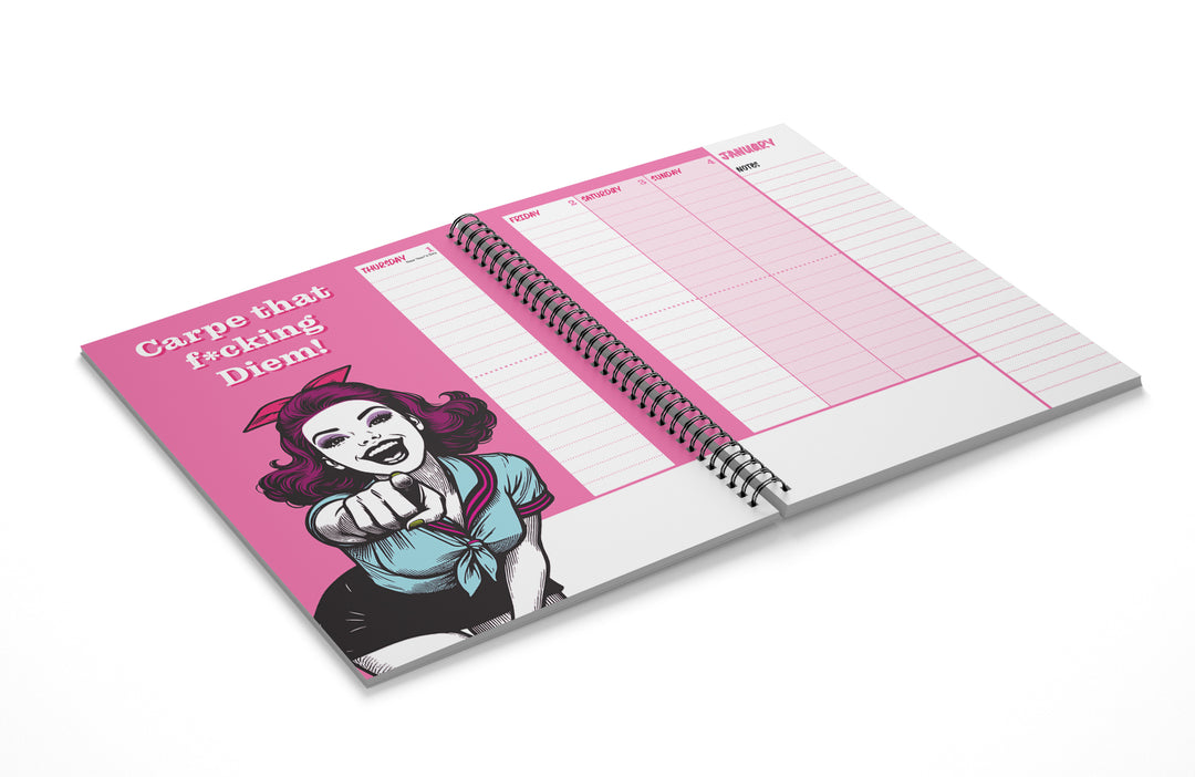 Notebook with a pink cover featuring an illustration and text on a white background