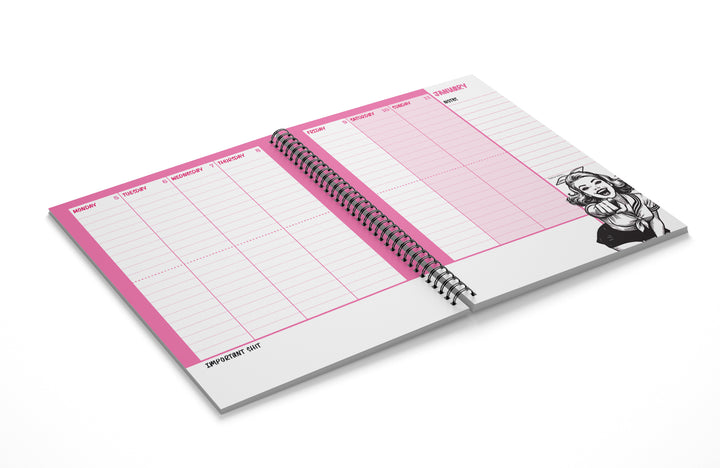 Pink planner with a cartoon character on a white background