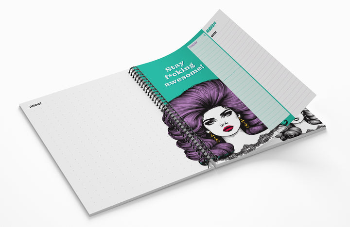 Notebook with a colorful design on the cover featuring a person with purple hair and text 'Stay f*cking awesome!'.