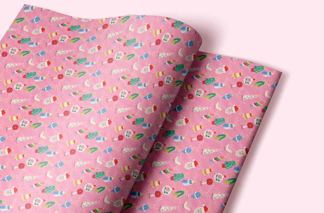 Pink Feather and Baubles Christmas Gift Wrap (Folded Sheet)
