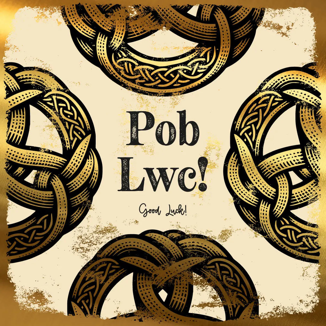 Welsh Good Luck Card with gold foil Celtic knots and 'Pob Lwc!' text.