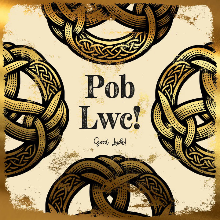 Welsh Good Luck Card with gold foil Celtic knots and 'Pob Lwc!' text.
