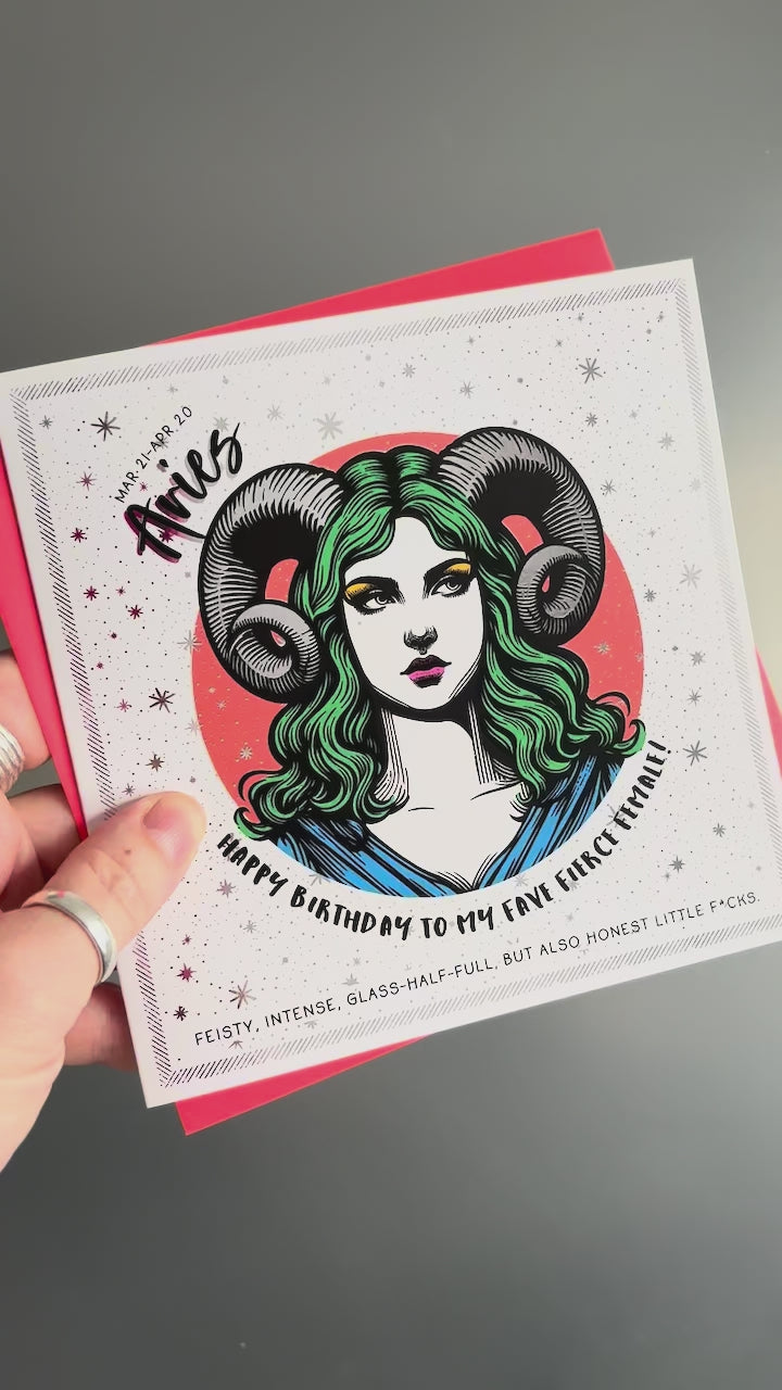 Aries Birthday Card for Women, Funny Zodiac Card, Rude Star Sign Birthday Card with Luxe Silver Foil Detailing