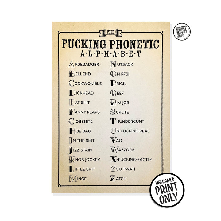 Rather Rude and Funny Fucking Phonetic Alphabet Art Print (A4 and A3 size)